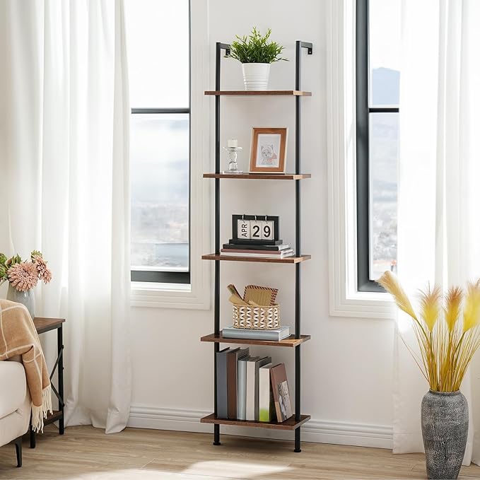 HOOBRO DIY Ladder Shelf, 5-Tier Wooden Wall Mounted Bookshelf, Narrow Bookcase