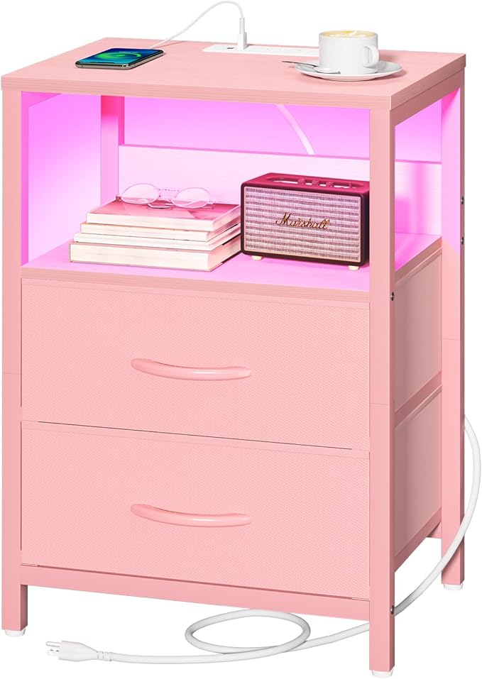 Yoobure Nightstand with Charging Station, LED Night Stand with Fabric Drawers