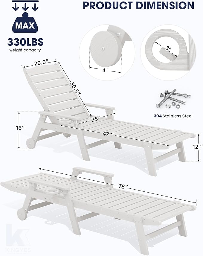 KINGYES HDPE Lounge Chair Outdoor, Patio Chaise Lounge Recliner
