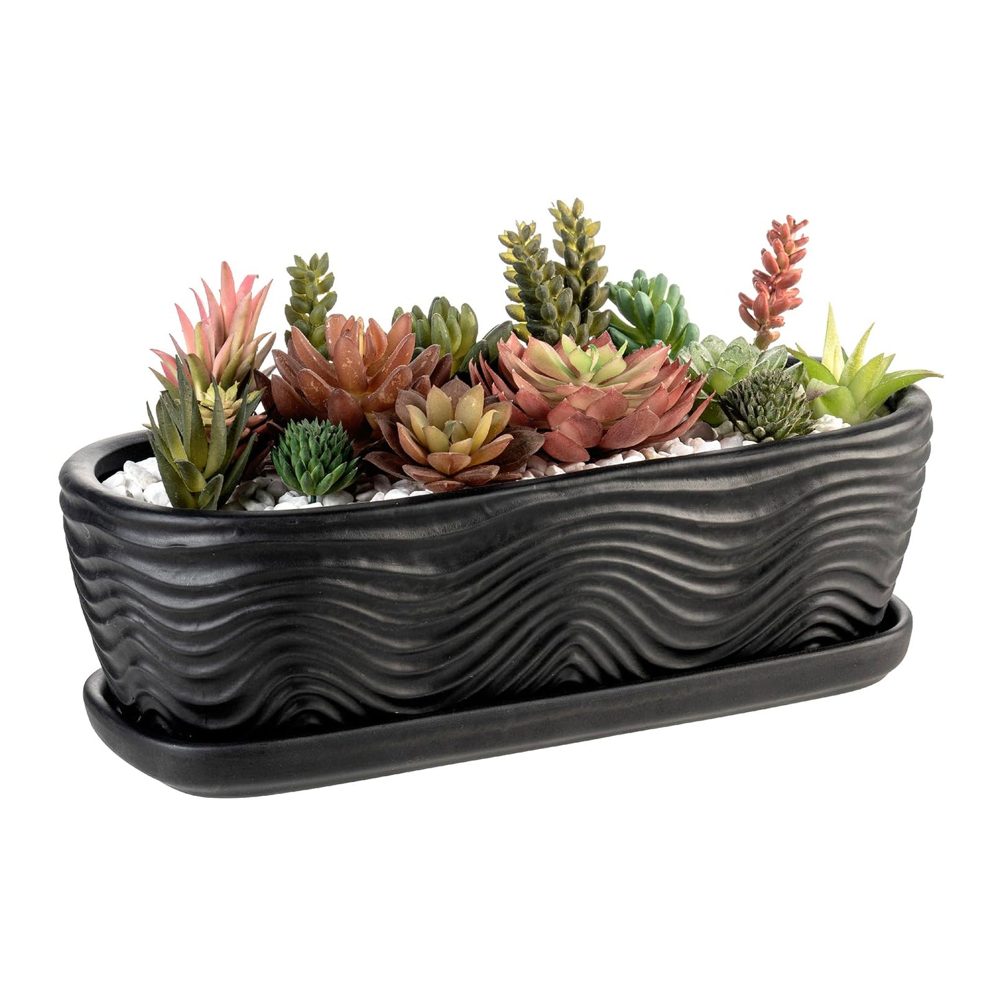 MyGift 13.5 inch Succulent Planter Pot, Oval Modern Ceramic Plant Box Container with Wave Textured Pattern and Removable Saucer Drip Tray (Black)