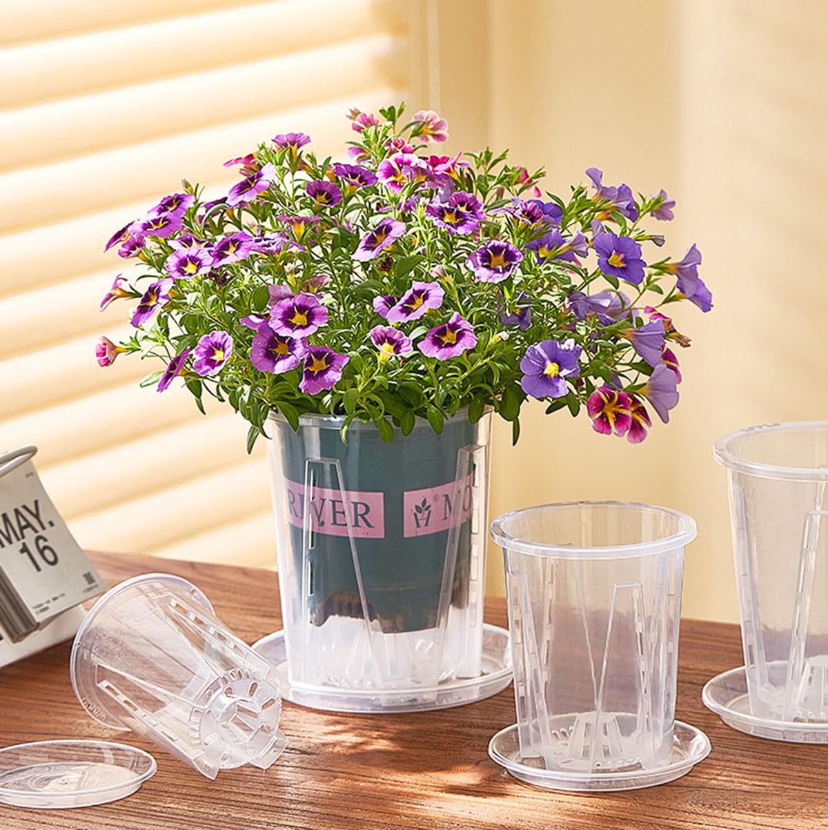 5 Pack Transparent Plastic Garden Pots Clear Orchid Pots with Holes and Saucers for Repotting Breathable Slotted Plastic Orchid Planters with Drainage for Indoor Outdoor Plants and Flowers (4 inch)