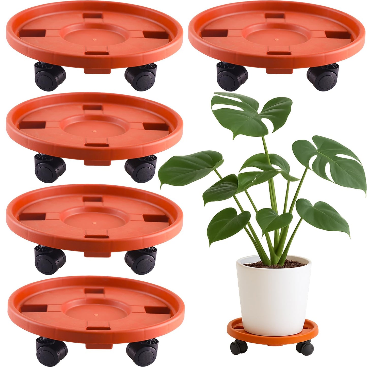 Tulpeed Rolling Plant Stand with Wheels 5 Pack 13 Inch Plant Caddy with Wheels Heavy Duty Plant Dolly Roller Base with Wheels Round Flower Pot Rack Holder Planter Trolley Tray, Red