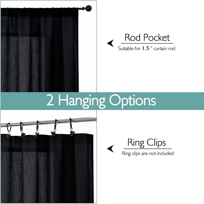 Chyhomenyc Black Semi Sheer Curtains 84 Inches Long 2 Panels Set, Light
