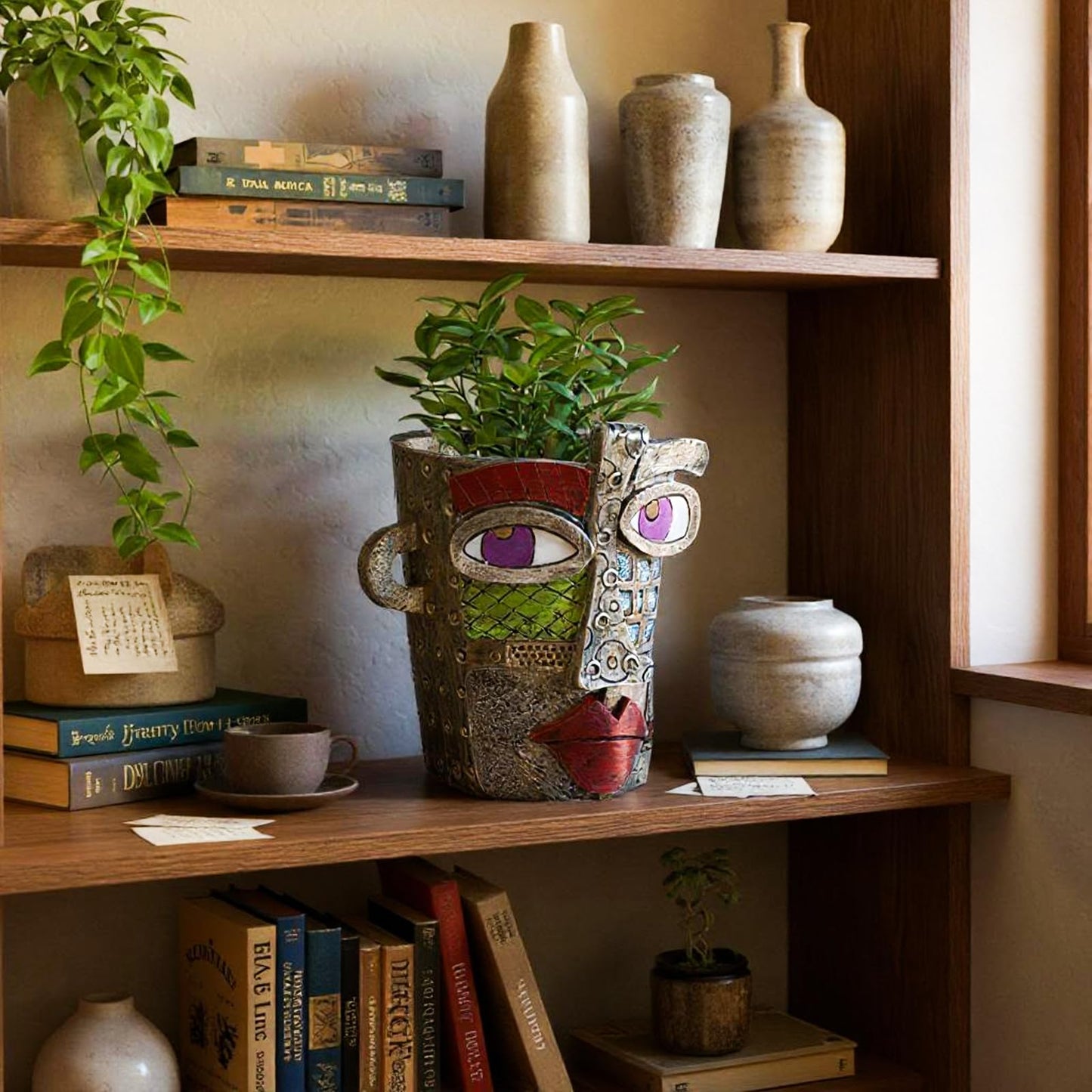 LemonRoad 2 Pcs Abstract Picasso Face Pots Head, Mexican Flower Pots with Drainage, Unique Decorative Head Plant for Indoor Outdoor, Funky Gift