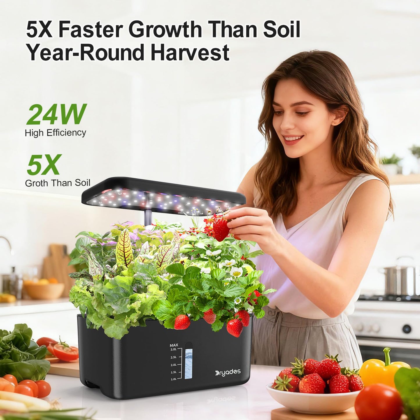 Dryades Hydroponics Growing System Indoor Herb Garden, 10-Pod Indoor Gardening System with 24W Full-Spectrum LED Grow Lights, Quiet Smart Water Pump, Plant Germination Kit for Herbs, Vegetables
