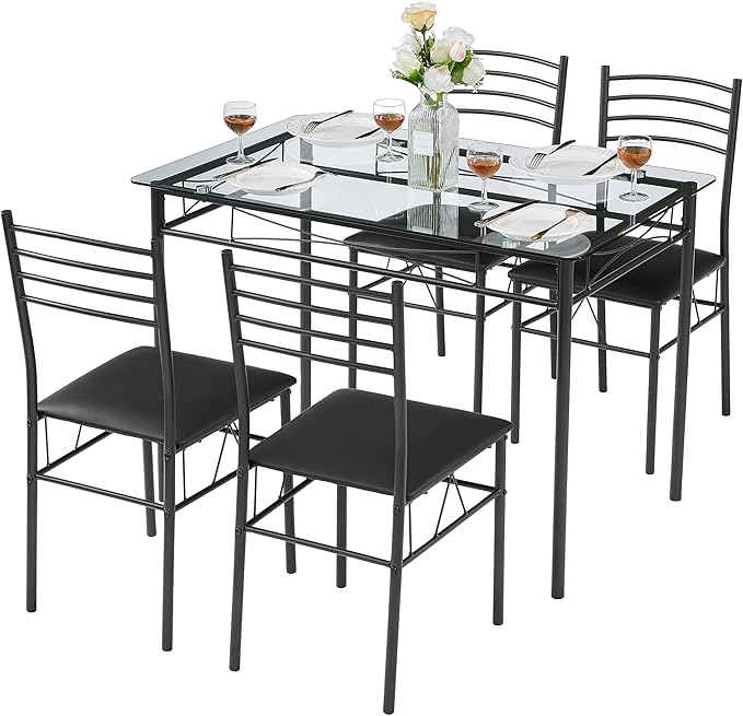 VECELO Dining Table Set for 4, 5-Piece Glass Kitchen Table