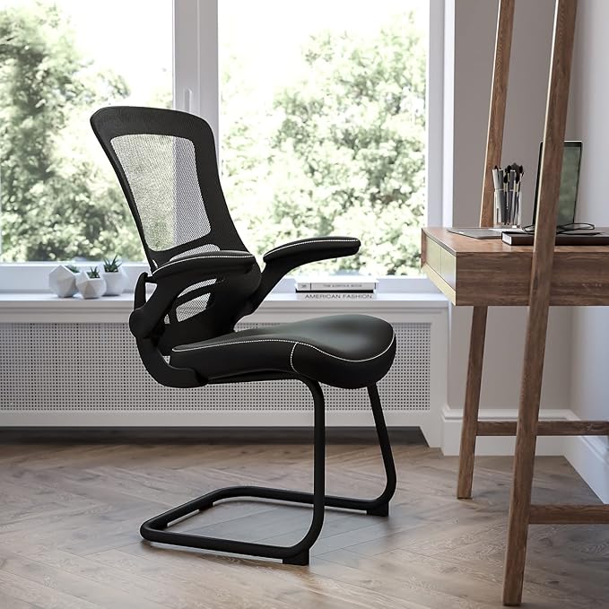 Flash Furniture Kelista Black Mesh Sled Base Side Reception Chair