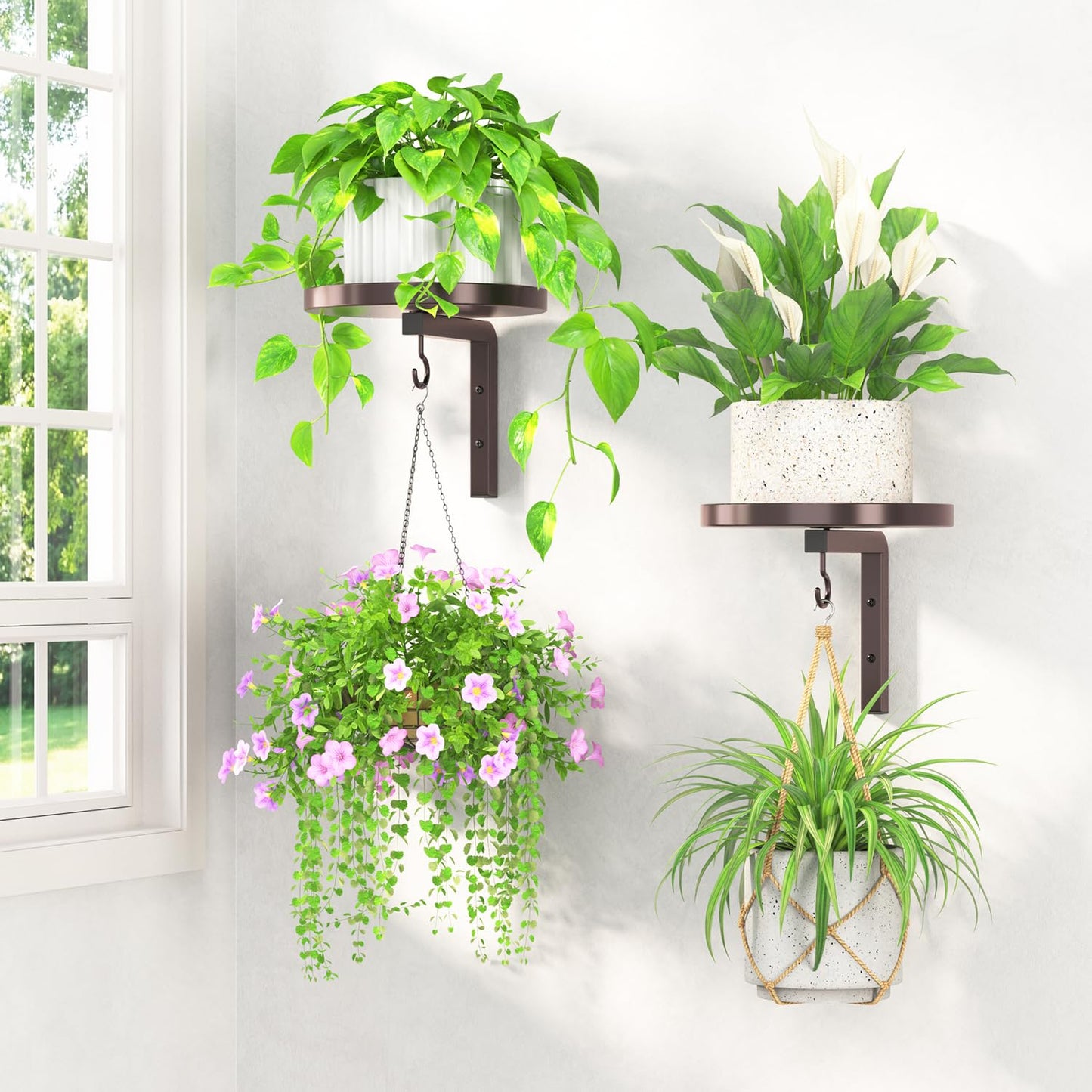 LASZOLA Plant Hangers Shelves Wall Mounted Indoor, Metal Window Plant Holders, 2Pcs Modern Floating Flower Display Stand with 2 Hooks for Outdoor Kitchen Bathroom Decor, Bronze