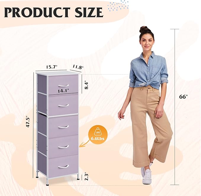 WLIVE Fabric Dresser, 5-Drawer Tall Dressers