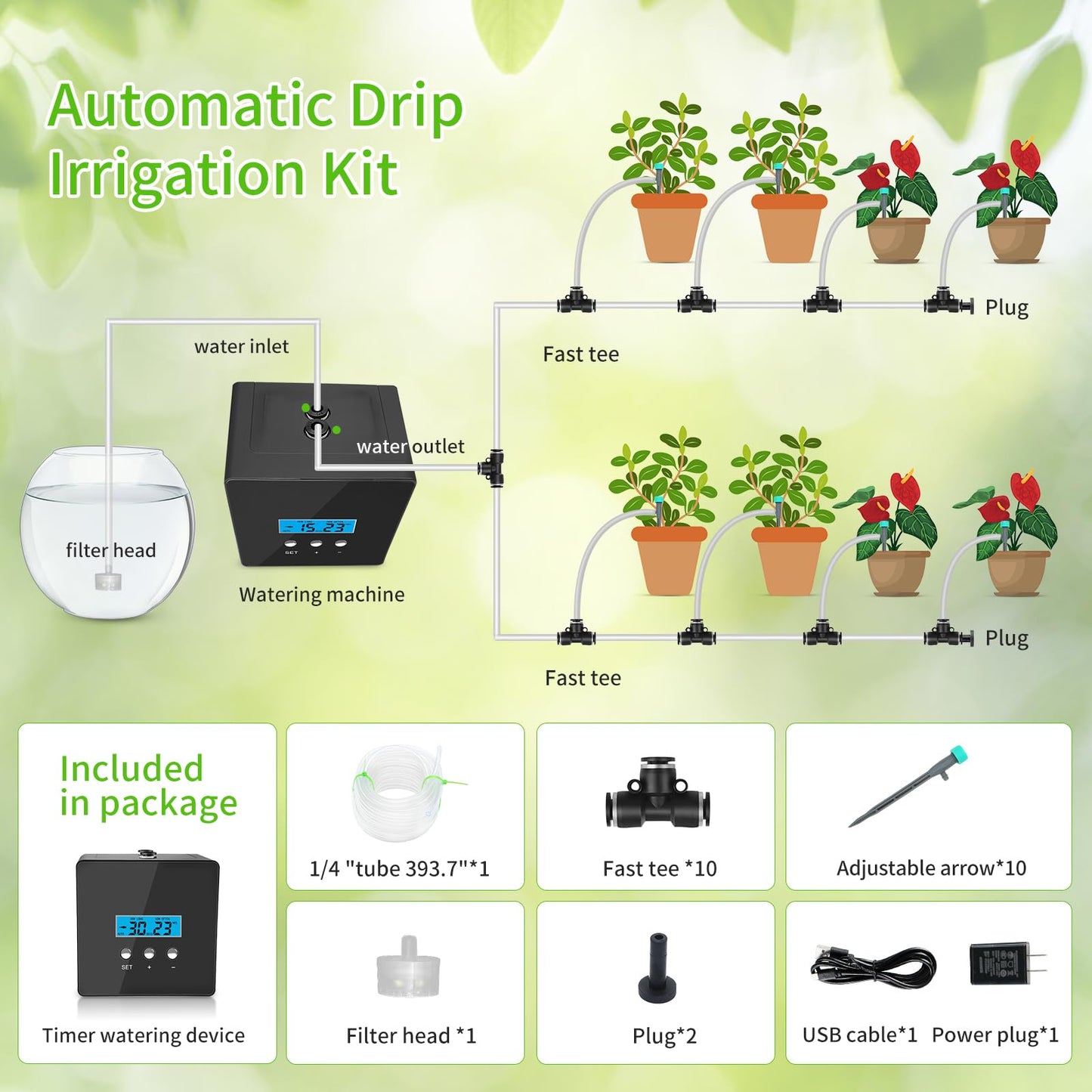 RUNWUSHENG Automatic drip Irrigation System，DIY Indoor Plant Watering System,Self-Priming Pump, programmable Timer, Indoor Pot Plant Watering Device
