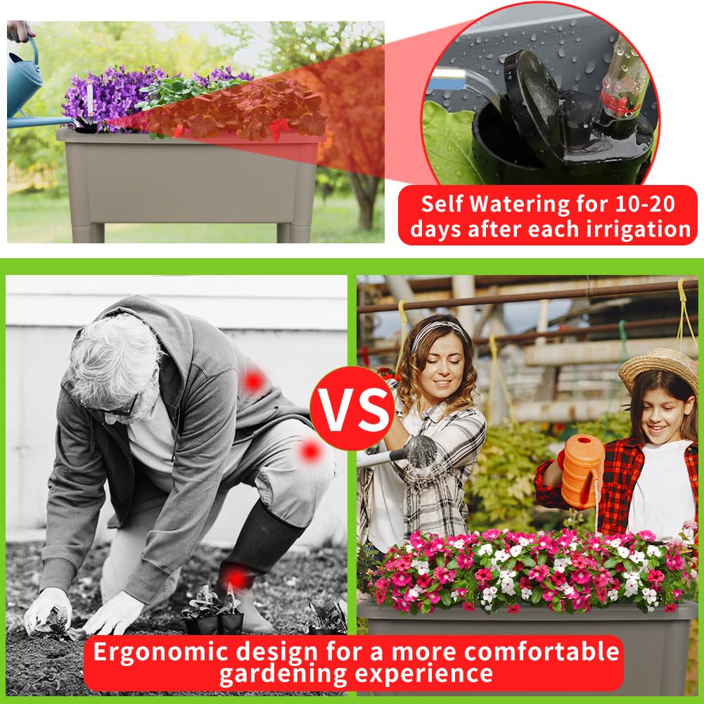 Megawodar 4 Pcs Self Watering Elevated Raised Garden Bed, Large Outdoor Plastic Planter Box Big Flower Plant Pot for Planting Flowers Vegetables and Herbs (4, Khaki)