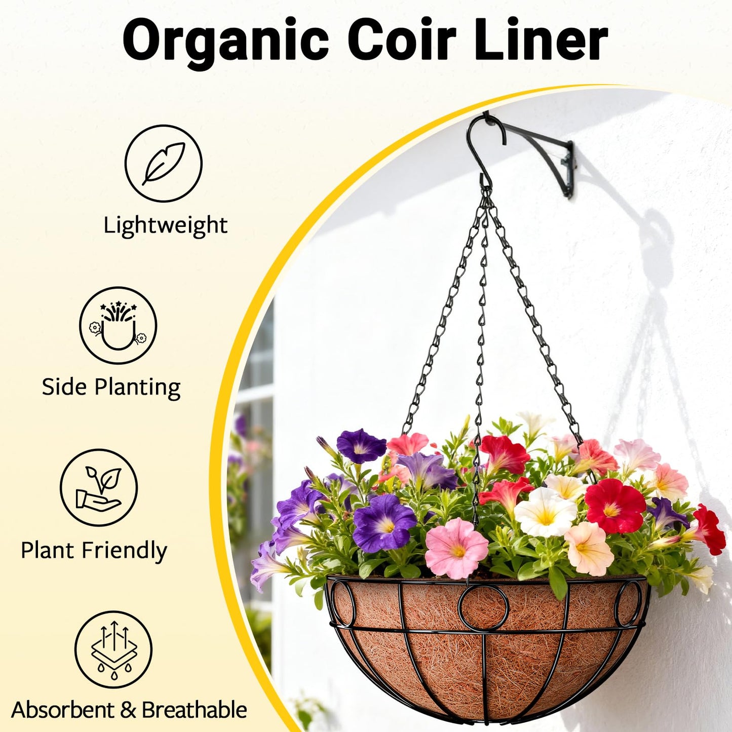 ZeeDix 16 Inch Large Hanging Baskets for Plants Outdoor, 2 Pack Round Metal Wire Planter Basket with Coco Coir Liner, Hanging Flower Pots for Garden Yard Patio Porch Balcony Decor