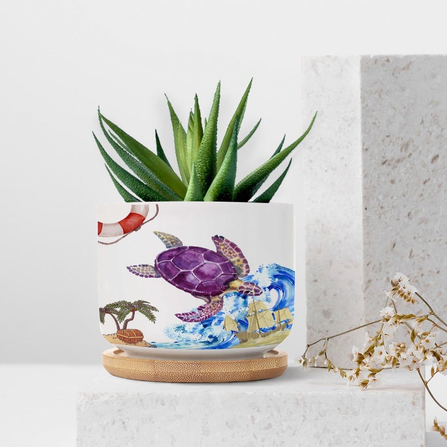 DreamAutumn Ocean Theme Sea Turtle Planter Ceramic Round Plant Pots with Drainage Holes and Bamboo Tray Planting Small Flower Pots for Home Windowsill Desk Garden Indoor Outdoor Use