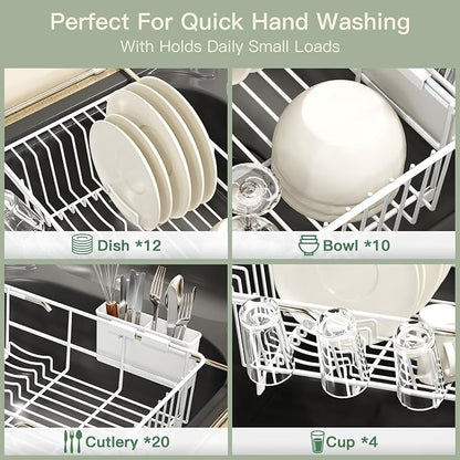 MAJALiS White Dish Drying Rack Over The Sink with Utensil Holder | Expandable Stainless Steel Dish Drainer for Small Kitchen, Apartment, RV, Counter Space Saving, Perfect Fit, Rustproof