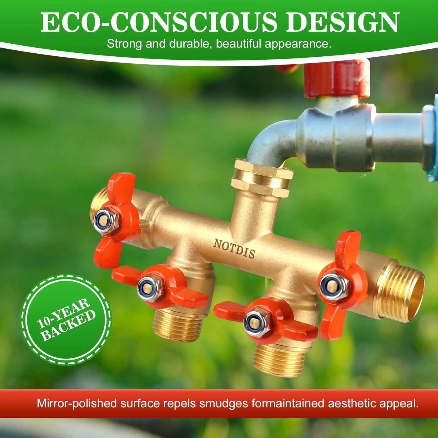 4 Way Brass Hose Splitter Full Flow with Metal Handle - Heavy Duty Spigot Splitter with Shut Off Valve, 3/4" GHT Garden Tap Connector