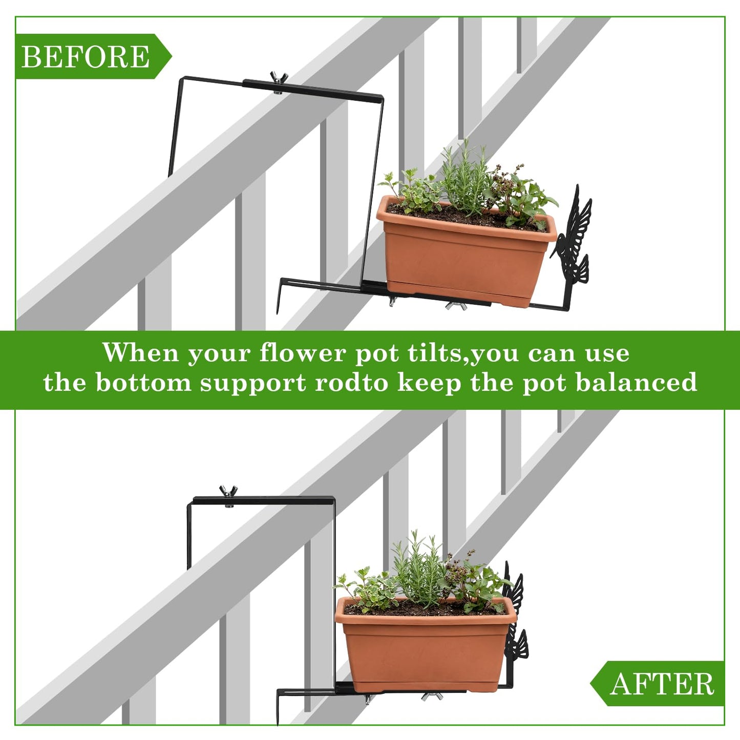 Chumia 4 Pcs Window Box Brackets Adjustable Planter Box Brackets for Railing with Hummingbird Heavy Duty Iron No Drill Flower Pot Holders for Outdoor Fence Balconie Patio Garden