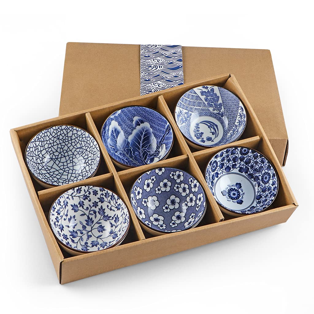 Sanbege Ceramic Rice Bowls 10 oz, Japanese Style Bowl Gift Set, Assorted Dinnerware Serving Bowls for Cereal, Soup, Dessert, Snack, Fruit, Salsa, Pack of 6 (Blue and White)