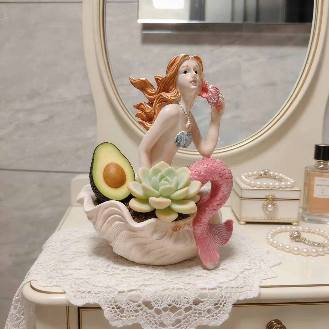 KARSTSYLVA Mermaid Resin Planter Statue, Conch Base Succulent Flower Pot for Home Garden Nautical Decor (Pink)