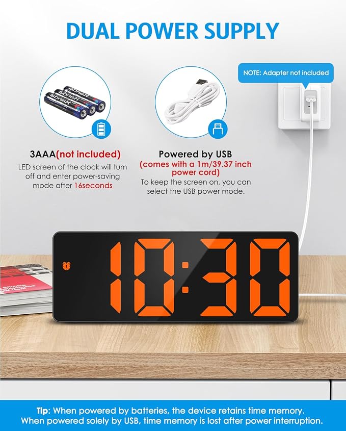 AMIR Digital Alarm Clock Large Display, LED Alarm for Bedroom, USB/Battery Powered Bedside Alarm Clock with Snooze, 12/24H, 3 Adjustable Brightness, Temperature, Electric Desk Clock for Home, Office