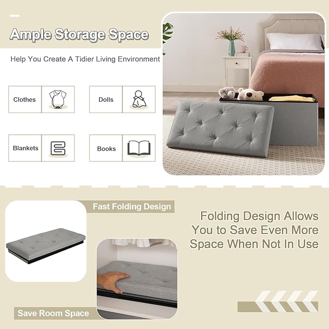 VECELO 30'' Folding Storage Ottoman Bench, Storage Chest, Linen Fabric Foot