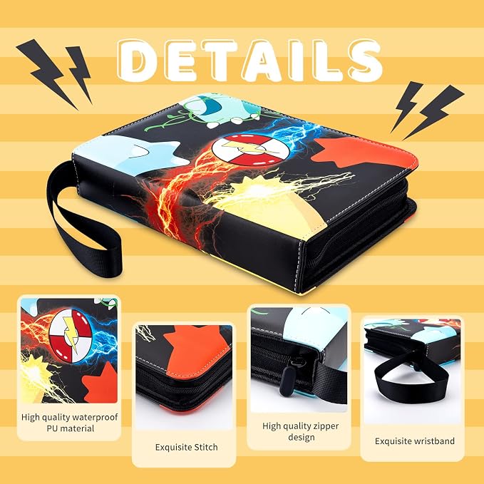 Jravkfi Card Binder 4 Pocket with 50 Removable Sleeves-Can Hold 400 Cards,3-Ring Zipper Sports Book, Ideal for All Card Collectors（Black）
