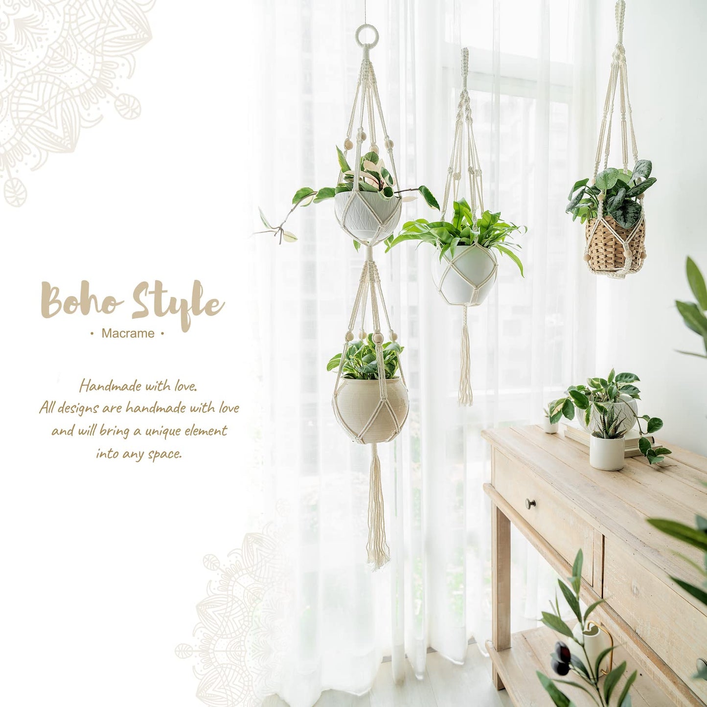 Mkono Set of 4 Macrame Plant Hangers Indoor 4 Different Size Hanging Planter Basket Flower Pot Holder 41"/35"/34"/26"