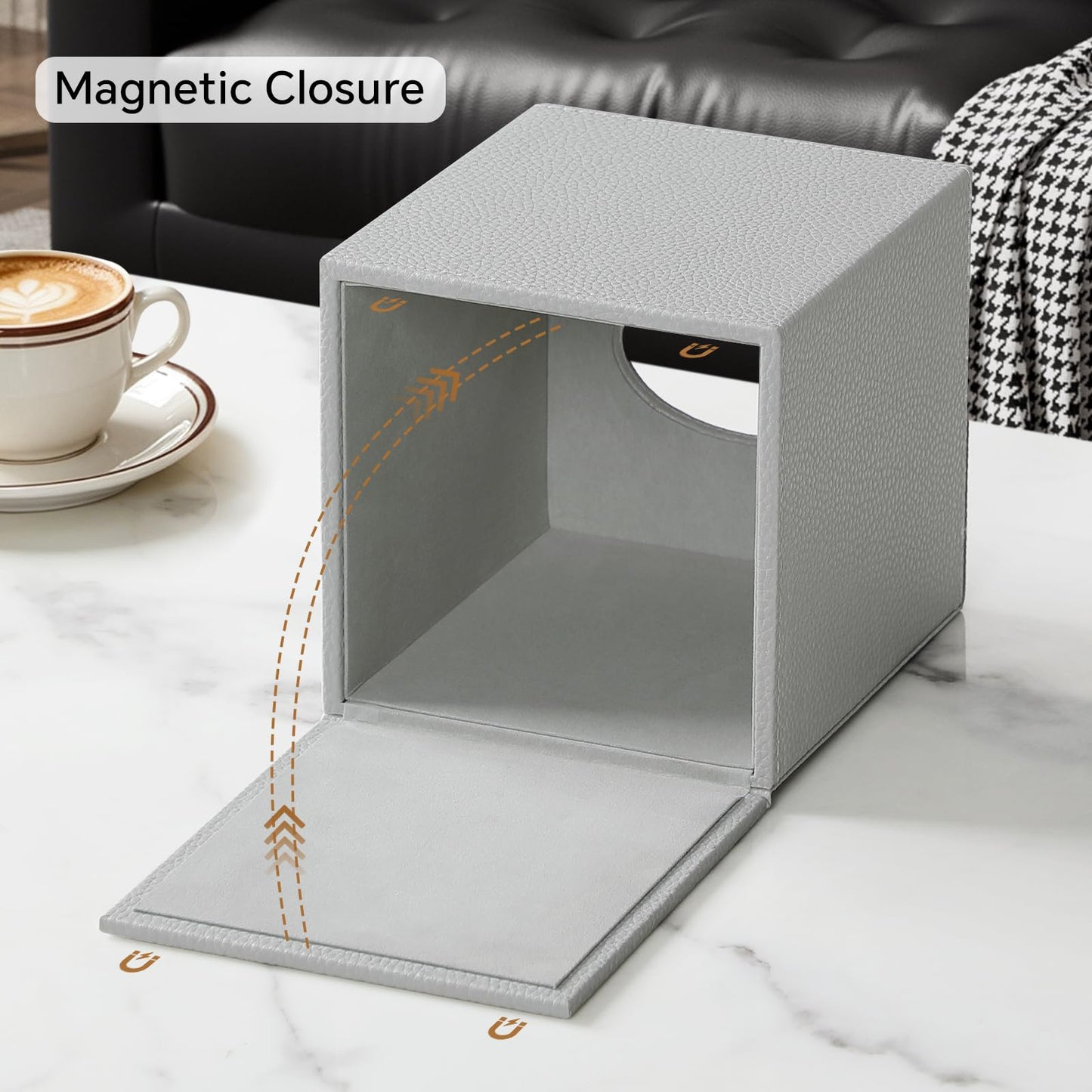 JLAMBOM PU Leather Tissue Box Cover Square Tissue Box Holder with Magnetic Closure, Decorative Tissue Holder for Bathroom Bedroom Office (Grey)