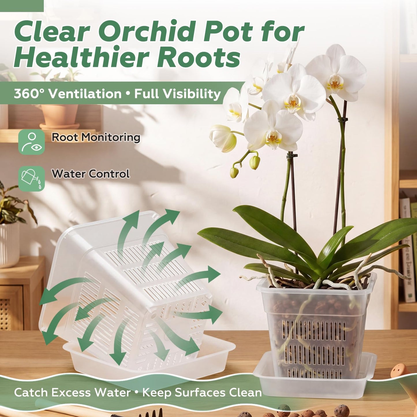 Wonderjune 6 Set Clear Orchid Pots with Holes and Saucers, 2 Each of 4", 4.7", 5.9" for Repotting, Plastic Planter Flower Slotted Square Nursery Pots with Drainage for Root Health Indoor Outdoor