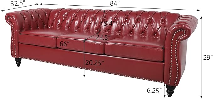 LEVNARY Chesterfield Sofa, Classic Tufted Upholstered Leather Couch, Modern 3