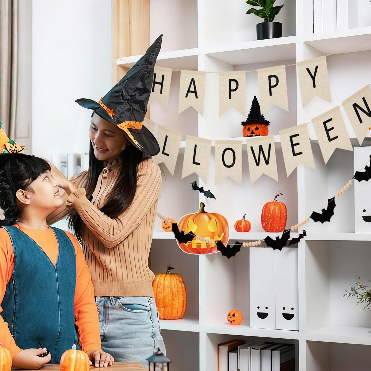 SmoothNovelty 2 Sets Halloween Decoration Wooden Felt Bat Bead Wreath Banner and Halloween Pull Flag Banner for Farmhouse Bat Wreath Decor for Mantel and Wall