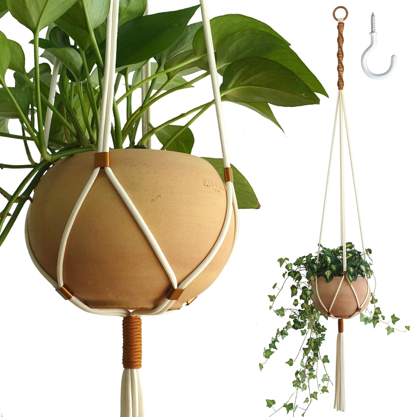 LET BE Macrame Plant Hanger Polyester Rope 42 Inch Outdoor Indoor Adjustable Hanging Planter for up to 10 Inch Plant Pot Modern Boho Home Decor (1, Ivory/Burnt Orange)