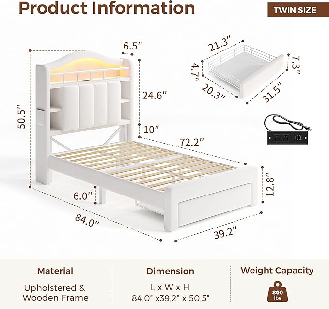 Twin Size Bed Frame with LED Storage Headboard & 2 Storage Drawers, Velvet
