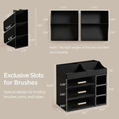 HBlife Cologne Organizer for Men Makeup Organizer Countertop with Brush Holder, Large Bathroom Counter Organizer with Drawers, Plastic Dresser Organizer Storage Fathers Day Gift for Dad Husband, Black