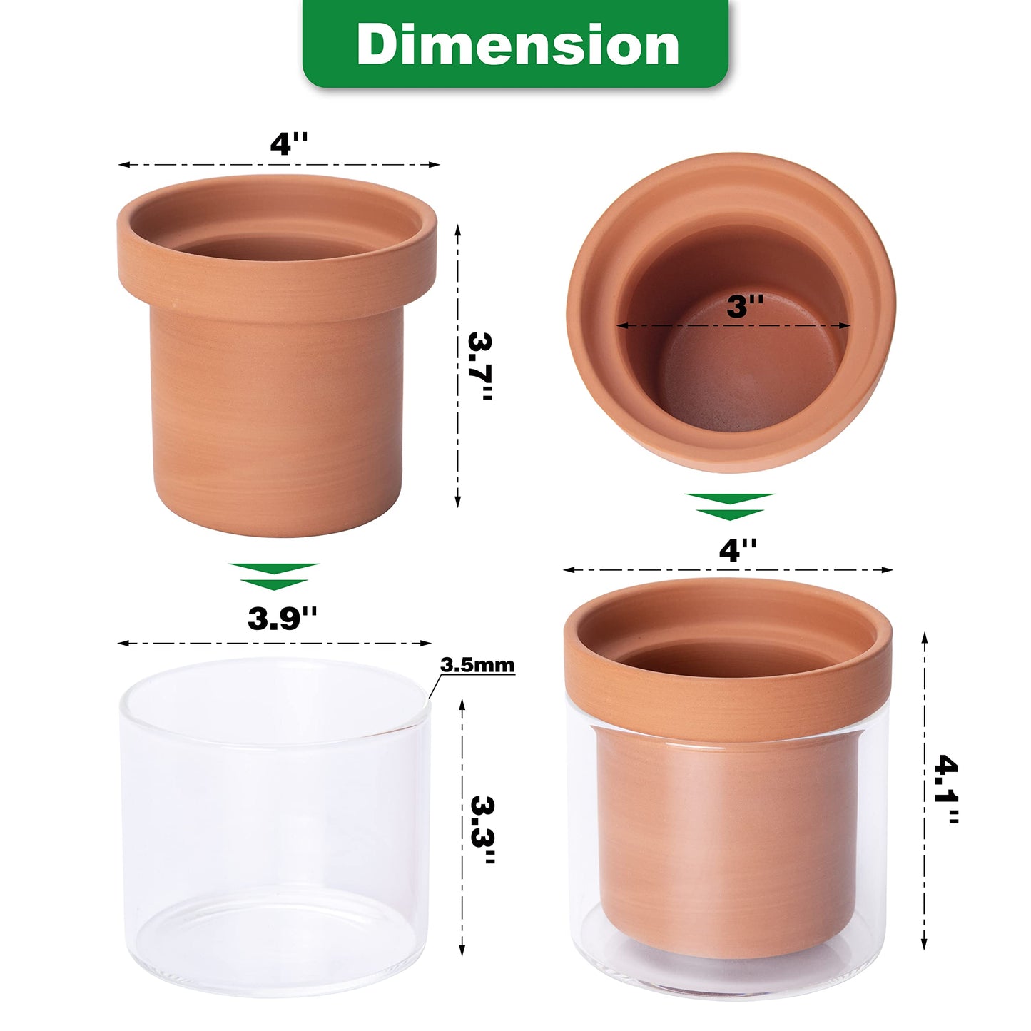 Phoenix Vine 4 Inch Self Watering Planter Pot, Terracotta Clay Pot with Glass Reservoir for Indoor Plants, Herbs, Flowers, Set of 1, 52-A-E-1