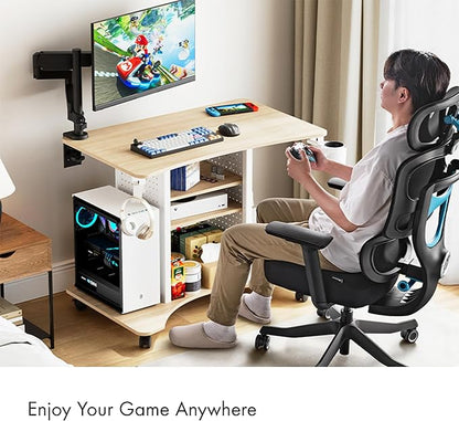 EUREKA ERGONOMIC Gaming Desk Computer, 37" Rolling Desk on Wheels for Small Space, Mobile Computer Cart with Pegboards Adjustable Shelves for Gaming PS Switch, Craft Station, Home Office - Maple
