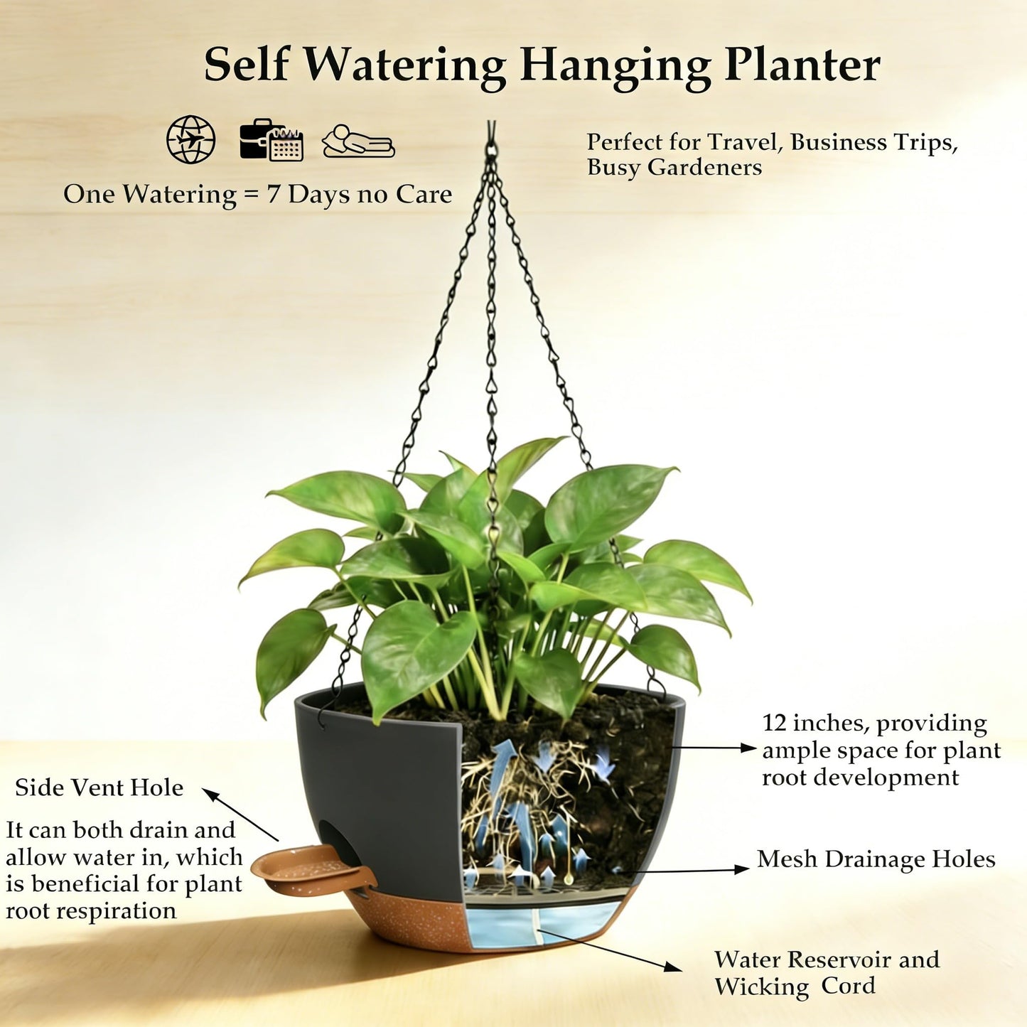 CNLBO 12 Inch Self Watering Hanging Planters 2 Pack, Indoor Outdoor Hanging Pots for Plants with Drainage Holes & Saucers, Black Brown Plastic Hanging Baskets for Kitchen Balcony Garden