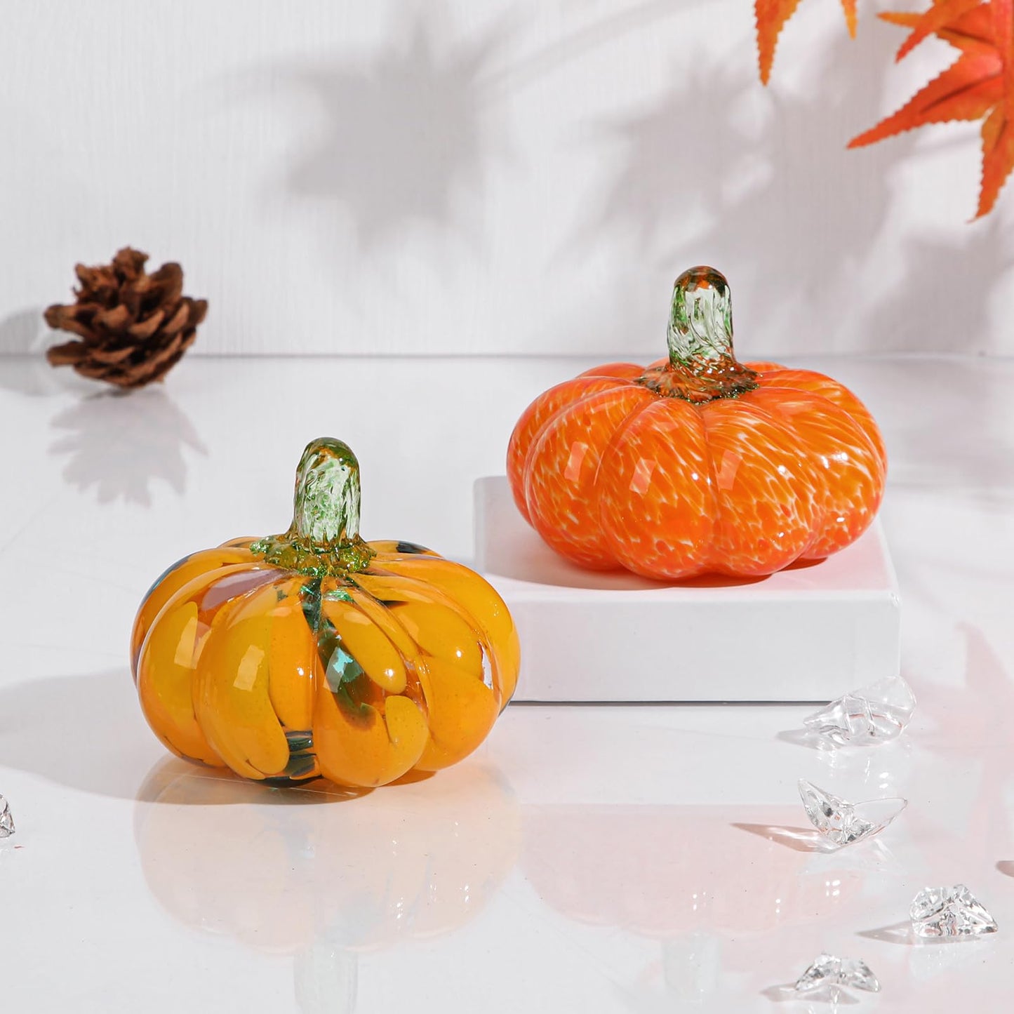 Glass Pumpkin Fall Decor Set – 2 PCS Handblown Pumpkins for Autumn Decorations, Halloween, Thanksgiving, Harvest Table Centerpiece, Mantel Fall Accents