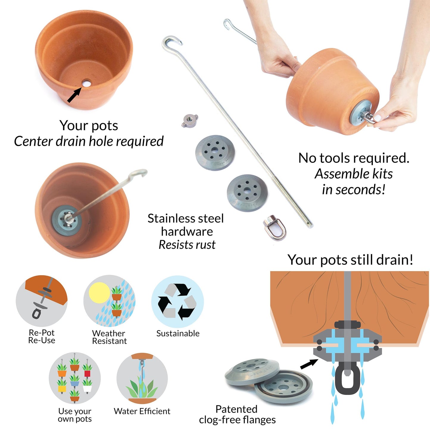 SkyPots — Three Pack, Pot Hanger Kits + Accessories - Hang and Connect Your Clay Pots, Stainless Steel - Indoor Outdoor - Connectable Hanging Planter Vertical Garden w/Drainage for Healthy Plants