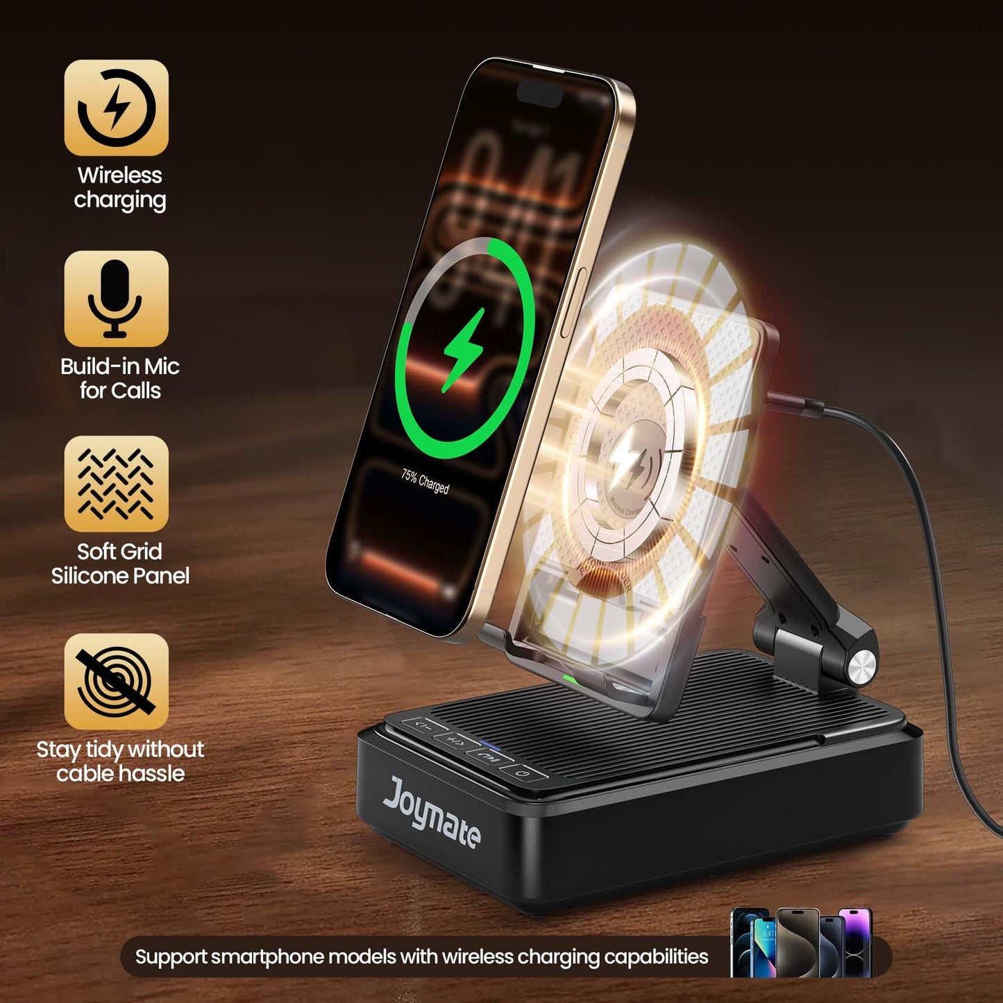 Joymate Gifts for Men and Women, Wireless Phone Charger Stand with Bluetooth Speaker and Adjustable Angle Phone Holder for Desk Tech Gift for Birthday/Valentines Day/Christmas(Black)