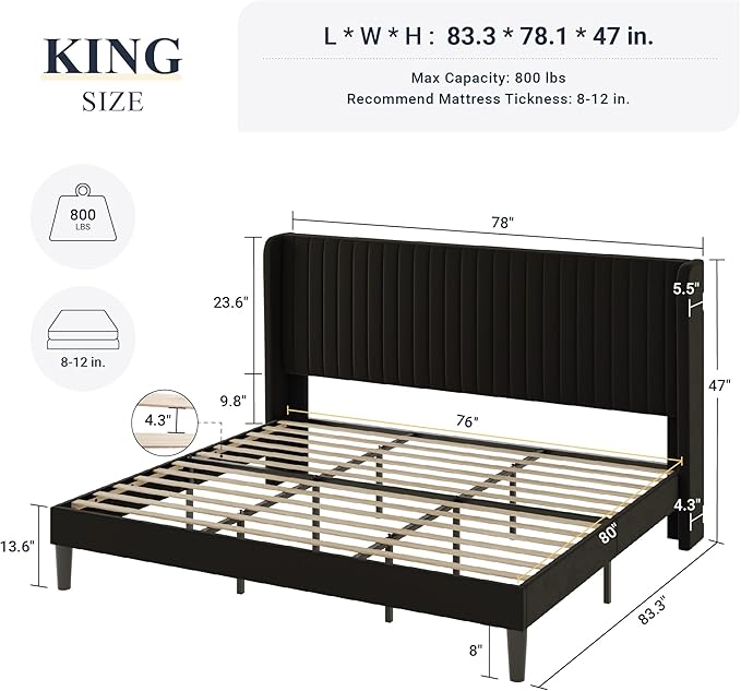 Allewie King Size Velvet Bed Frame/Vertical Channel Tufted Wingback