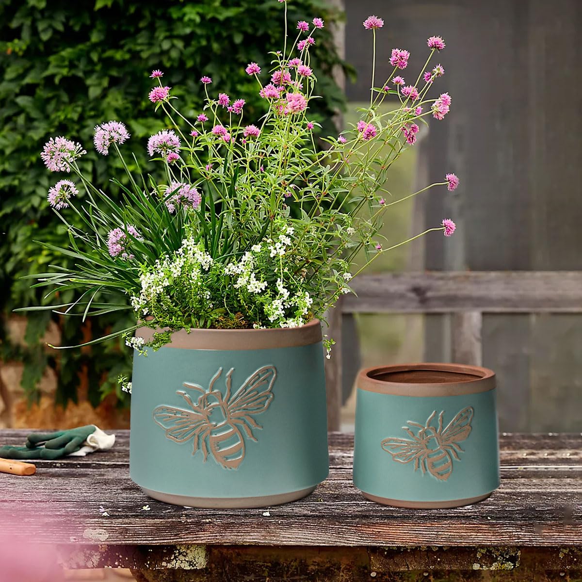 YBX Terracotta Pots with Drainage Holes, Bee Decor, Planter for Indoor Plants, Flower Pots Indoor Succulent, Herbs, Snake Plants (Turquoise, 6+4 Inch)