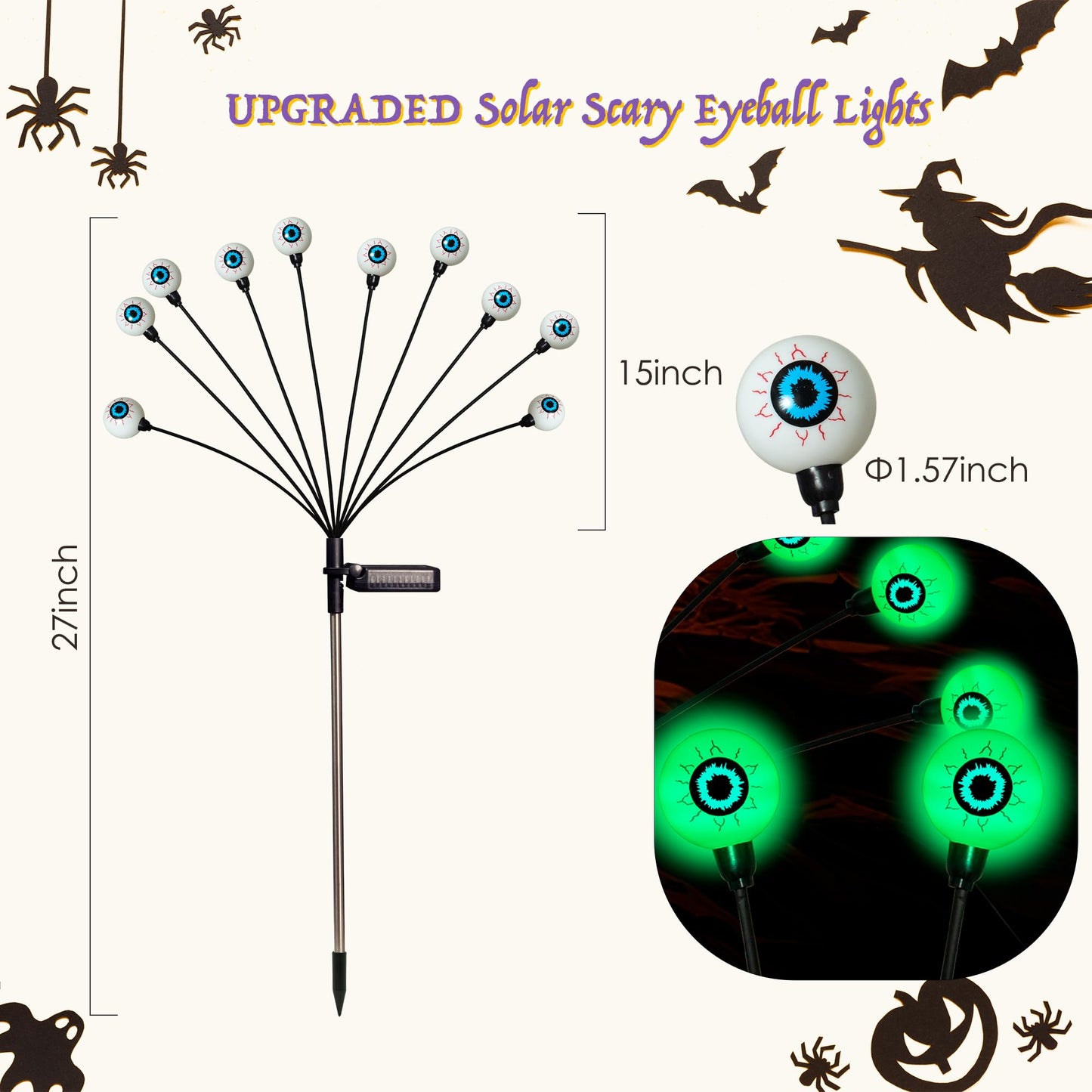 Halloween Decorations, 4 Pack 40LED Solar Halloween Lights Outdoor Scary Eyeball Waterproof Halloween Solar Garden Lights Swaying Firefly Lights for Yard Garden Patio Party Decor Green