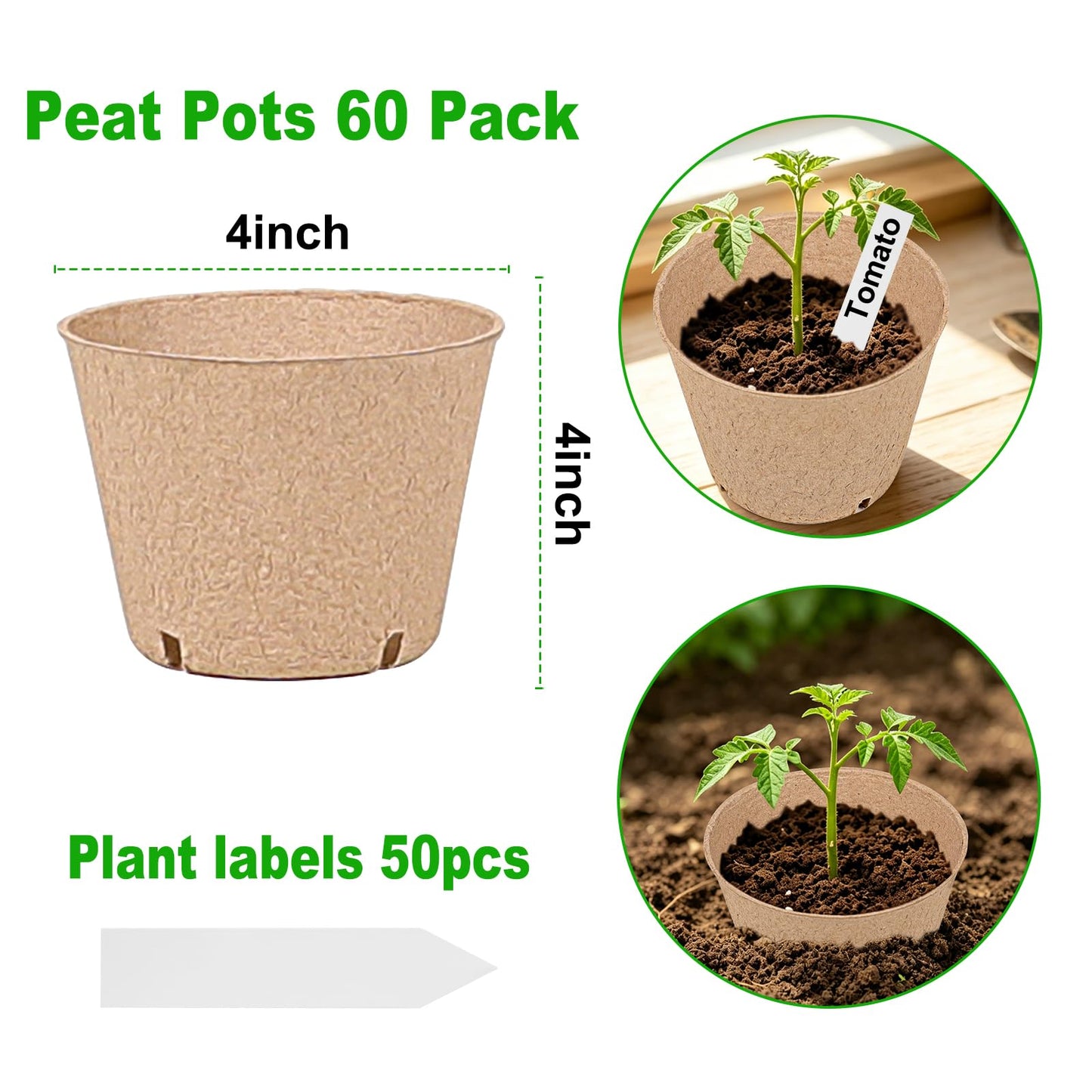 JNYONG 60 Packs 4 Inch Peat Pots,Biodegradable Pots for Seedlings with Drainage Holes, Garden Germination Nursery Pots with 50Pcs Plant Labels