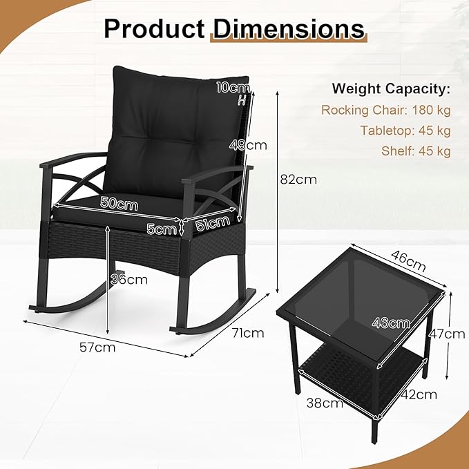 Tangkula 3 Pieces Outdoor Rocking Chairs Set, Rattan Heavy Duty Cushioned