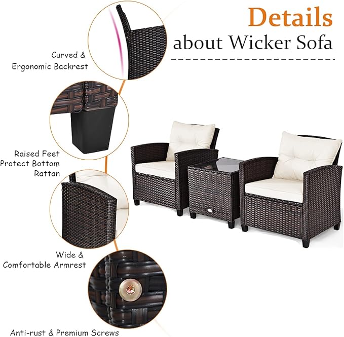 HAPPYGRILL 3 Pieces Patio Conversation Set, Outdoor Furniture Set PE Rattan