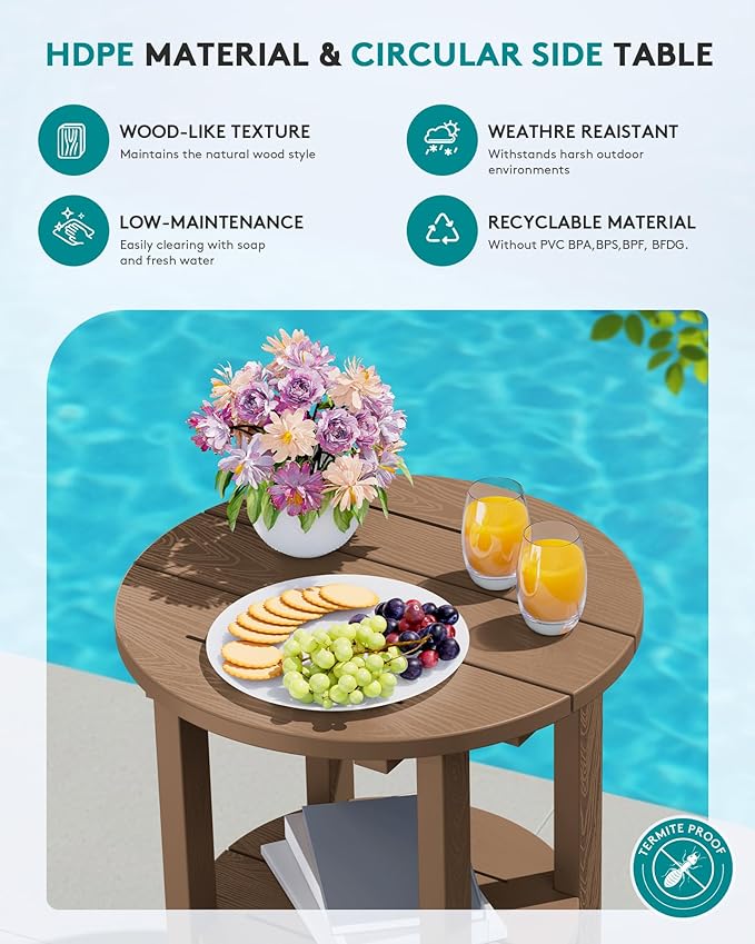 SERWALL Round Outdoor Side Table Set of 2, HDPE Small Adirondack Double End