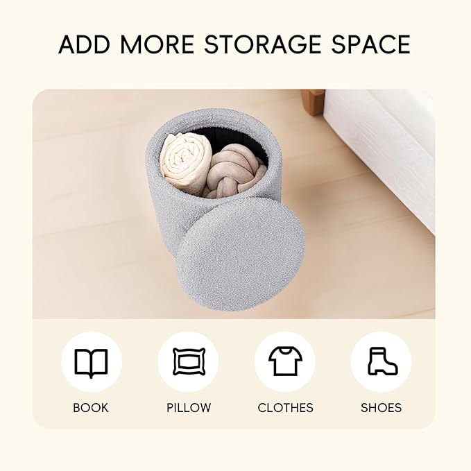 PINPLUS Ottoman with Stroage Round Boucle Ottoman and Tray Sherpa Removable