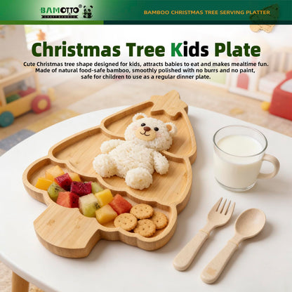 BAMOTTO CRAFTBAMBOO Bamboo Christmas Tree Serving Platter - 13.5"x8.8" Large Kids Snack Plate, Food Safe Charcuterie Board for Christmas Thanksgiving, Divided Tray for Fruit, Dessert, Baby Food