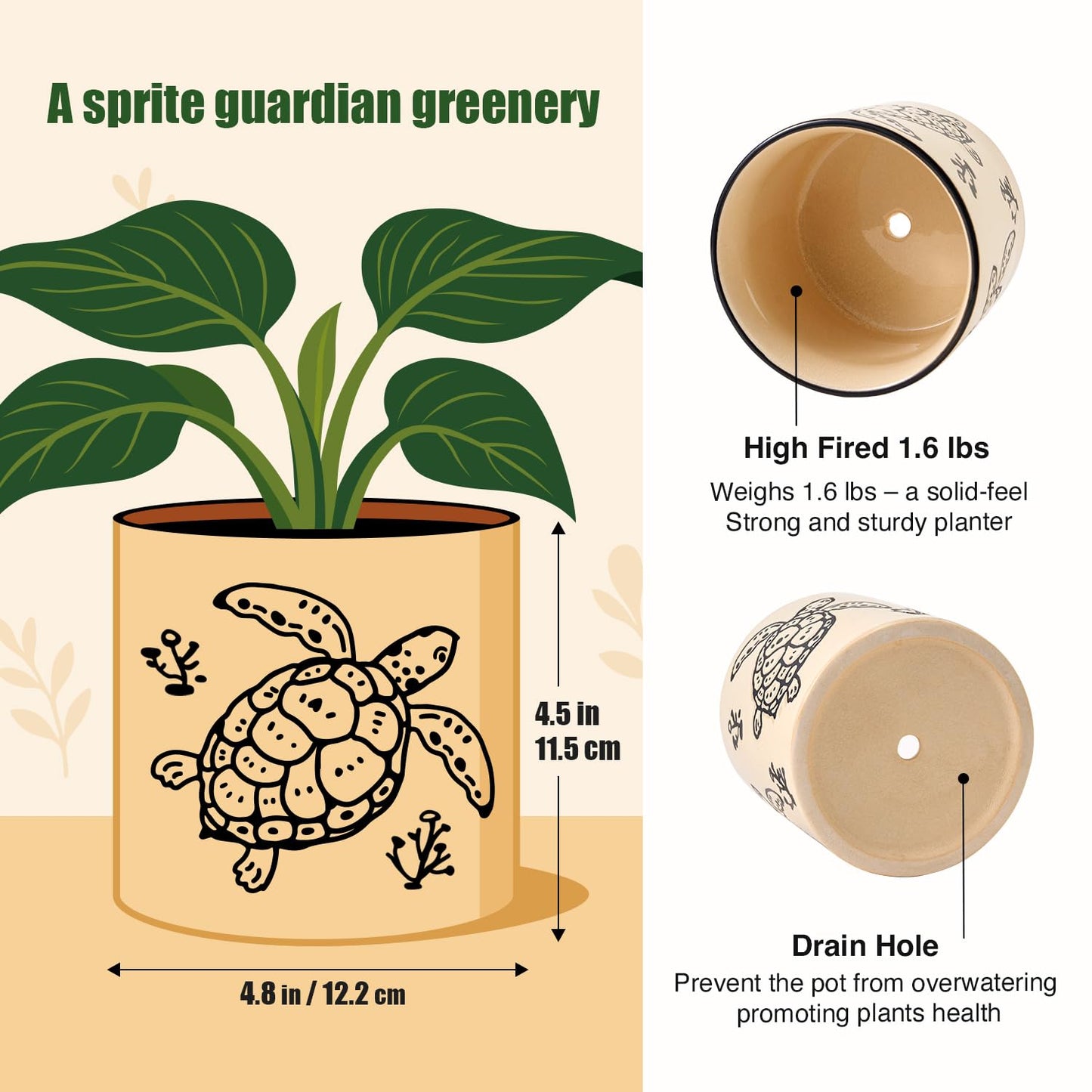 5 Inch Ceramic Plant Pots with Drainage Holes, Small Round Flower Pots for Indoor Plant, Unique Animal Flower Planters (Sea Turtle)