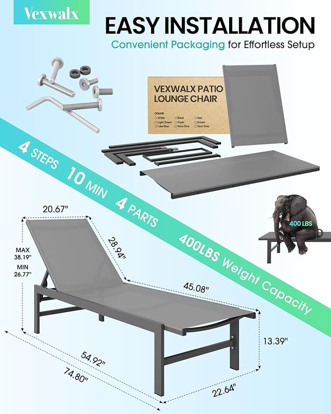 Vexwalx Outdoor Lounge Chairs Set of 2, Aluminum Patio Chaise Lounge Chairs